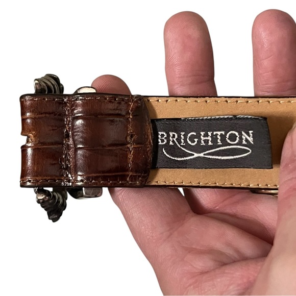 Brighton vintage brown faux croc embossed leather belt silver cherub buckle